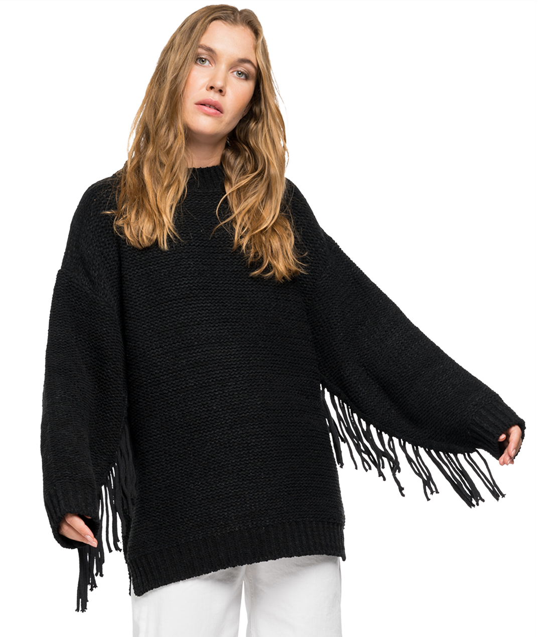 両面パイル フリンジ付きクルーネックセーター 詳細画像 ブラック 1